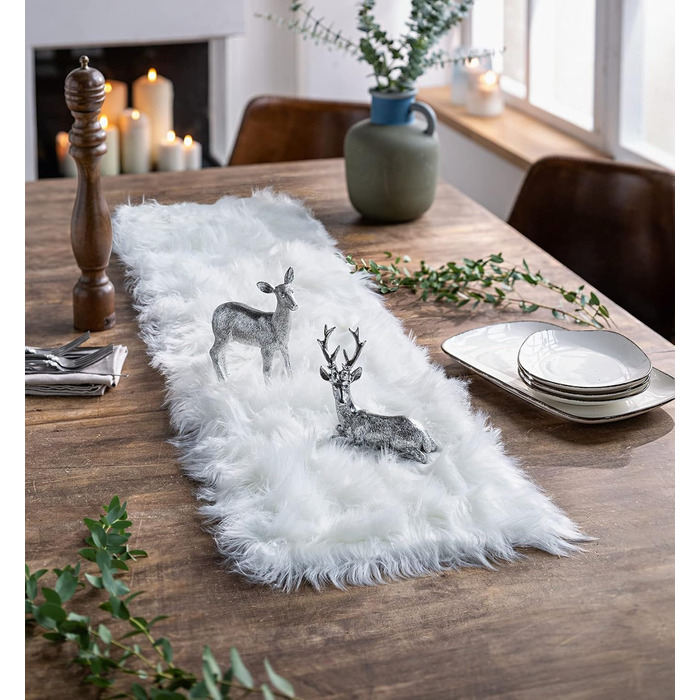 Table runners, faux fur, sizes and variations, tablecloth, center table runner (cream white, 30x120 cm)