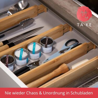 TAKE® Adjustable Drawer Dividers, 4 Pack [42-56cm] | Drawer Organizers, 100% Natural Bamboo | Flexible Drawer Divider System | Drawer Organization System for Kitchen | Drawer Organizer