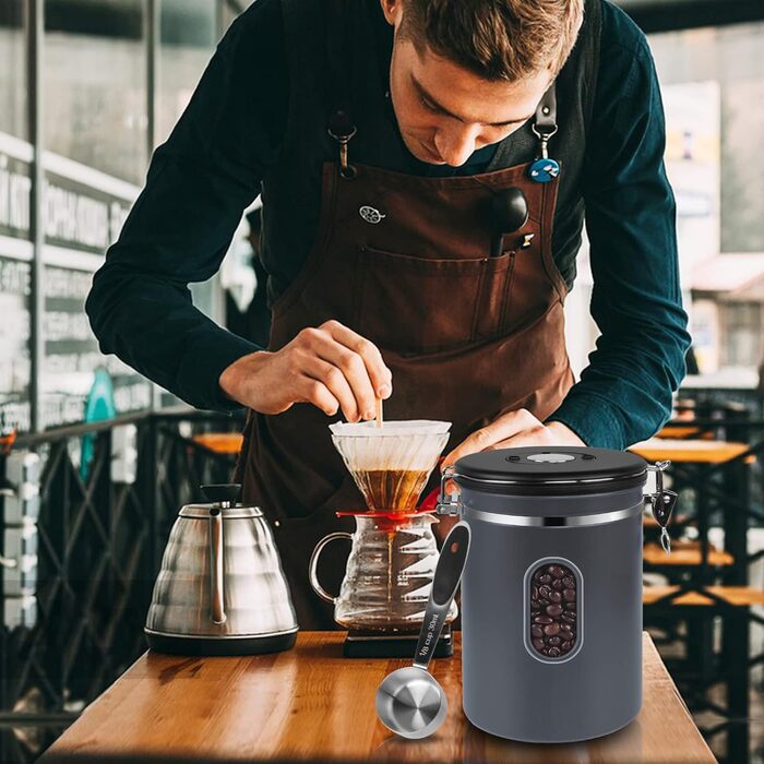 Контейнер для кави ROCKY&CHAO з нержавіючої сталі 1.8L, 600г, з прозорим вікном, для кавових зерен, чаю, горіхів, какао. Зберігає свіжість довше (1.5L-Сірий)