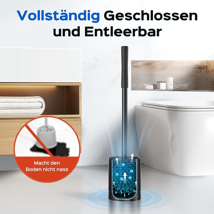 Набір для чищення унітазу Hamitor: щітка з силікону та нержавіючої сталі, кріплення на стіну без свердління, швидке висихання, для ванної кімнати (Чорний)