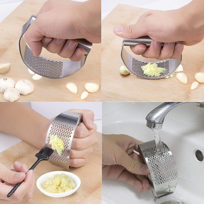 Прес для часнику з нержавіючої сталі, рокер, подрібнювач, прес-подрібнювач часнику, кухонний аксесуар з силіконовим очищувачем