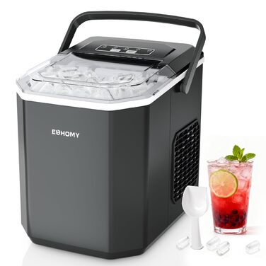 Машина для приготування льоду EUHOMY: 9 кубиків за 6 хвилин, самоочисна, продуктивність 12 кг/24 год, 2 розміри кубиків, з ручкою/шaufel/корзиною, чорний колір