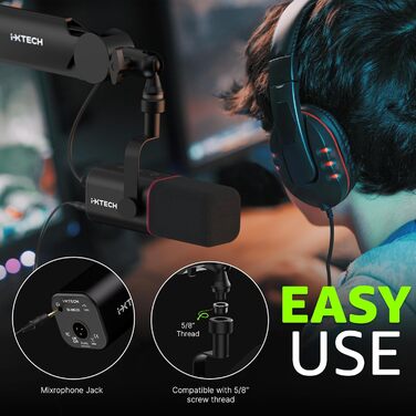 IXTECH Динамічний мікрофон з нирковою характеристикою RGB для студії, стримінгу та запису. USB/XLR, регулювання Gain, для подкастів та вокалу. Білий (M, Black)