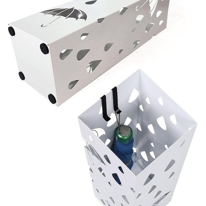 Bakaji Metal Umbrella Stand with Water Tray - White, Square Design, 49x15.5x15.5cm