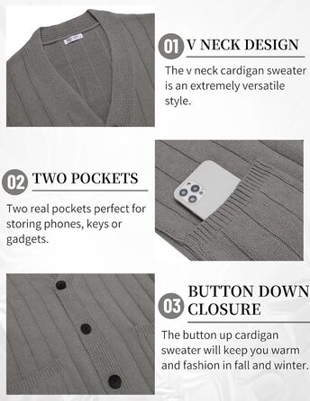 Чоловічий в'язаний кардиган COOFANDY з візерунком коси, V-подібний виріз, ґудзикова застібка, ребристий, з кишенями, сірий (S)