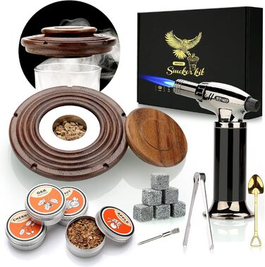 Dad's Gift Christmas, Cocktail Smoker Kit, Whiskey Stones, Torch Lighter, Old Fashioned Whiskey Smoker Drinks Kit, Cocktail Accessories for Drinks, Bourbon Walnut (Butane Not Included)