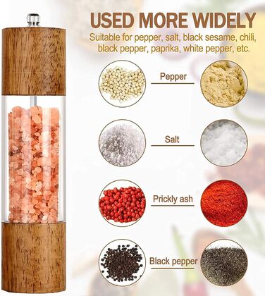Salt and Pepper Grinder Set of 2 with Coasters, Manual Pepper Grinder, Wooden Salt Grinder, Adjustable Ceramic Grinder for Spices, Pepper, Salt, Height: 21.5 cm