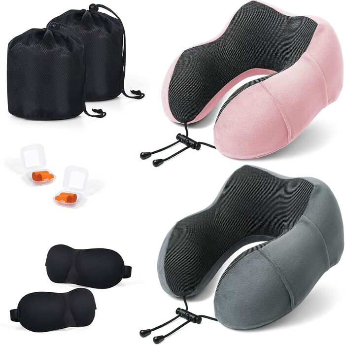 Подушки для шиї SOMLAW 2 шт. Memory Foam, ергономічні, для подорожей, літака, авто, офісу (сірий+рожевий)