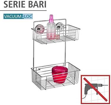 WENKO Vacuum-Loc 2-Tier Shelf, Bari, Wall Shelf for Bathroom and Kitchen, Drilling-Free Mounting with Vacuum, Chrome-Plated Metal, 26 x 38 x 17 cm