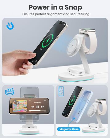 Бездротова зарядка 3-в-1 з MagSafe, USB-C та нічним світлом для iPhone 16/15/14/13/12, Apple Watch та AirPods (біла)