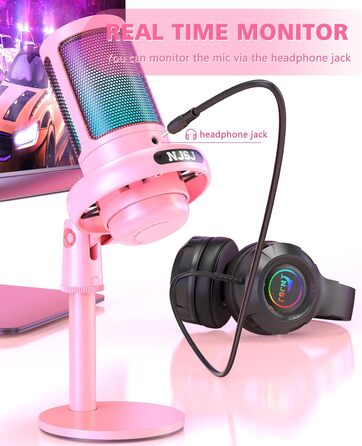 Мікрофон для ПК NJSJ Gaming з тримачем, USB мікрофон для Mac, PS4, PS5 (рожевий) з кнопкою вимкнення звуку, навушниками, поп-фільтром, кардіоїдний конденсаторний мікрофон для подкастів та стрімінгу