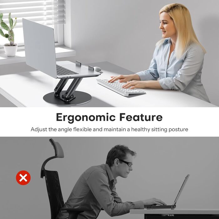 Підставка для ноутбука OMOTON, міцна металева основа, 360° обертання, складана ергономічна підставка для ноутбука – для 15-дюймових MacBook та ноутбуків – класичний чорний колір