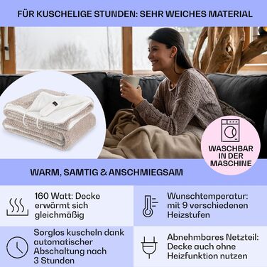 Електрична ковдра Klarstein XL з автовимкненням, 180x130 см. Тепла та комфортна ковдра для ліжка та дивана, 9 рівнів нагріву, машинне прання, двостороння, пісочний колір