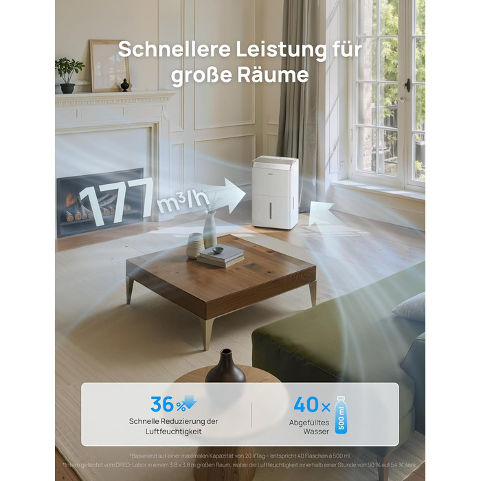 Dreo Електричний осушувач повітря 20л/24г - для приміщень 37 м², енергозберігаючий, тихий, з керуванням через App & Alexa, 3 режими, таймер, регулювання вологості, з відводом води, для спальні та ванної кімнати, білий