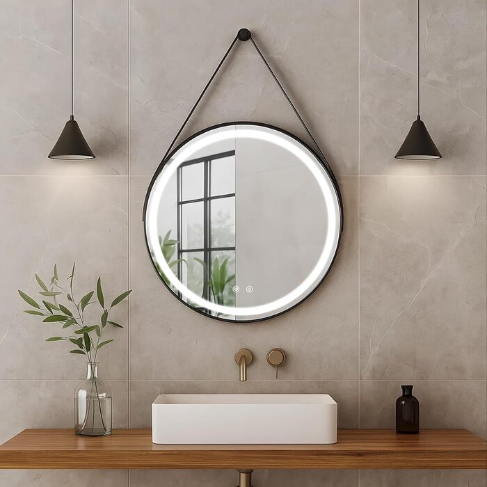 LED дзеркало для ванної кімнати з підсвічуванням, кругле, регульоване, 3 кольори світла (3500K-6500K), сенсорне керування, запобігання запотіванню, для макіяжу та гоління (діаметр 50 см)