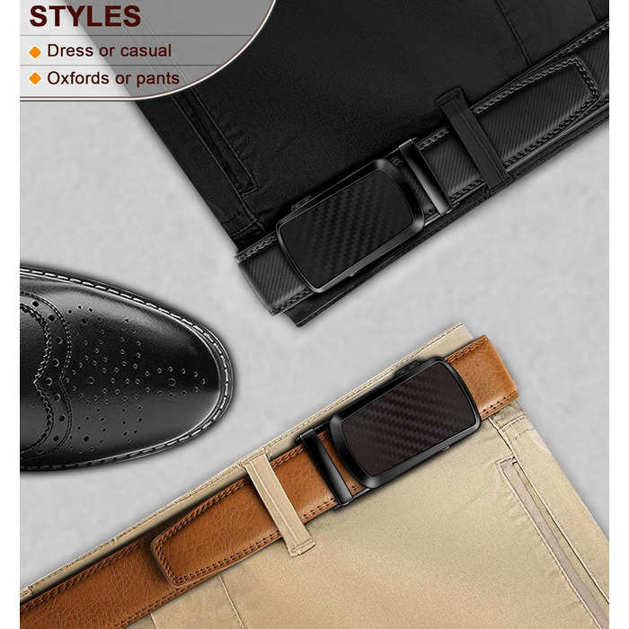 Чоловічі ремені KEMISANT 2 шт., шкіряні ремені з автоматичною застібкою-разом, регульовані, 35 мм, з подарунковою коробкою, чорний/коричневий, 115 см (32'-38' посадка)