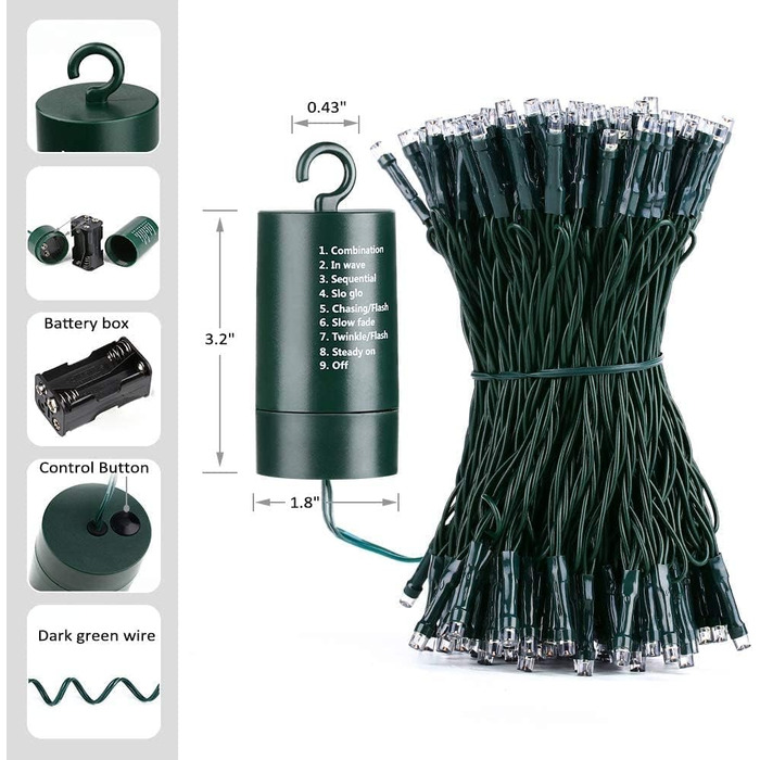 Льокотна гірлянда Joomer на Різдво, 20 метрів, 200 LED, з батарейками, таймером, 8 режимів, для прикраси ялинки, балкону, кімнати, вечірки, шлюбу, свята, вологостійка, тепле біле світло, провід теплий білий/зелений