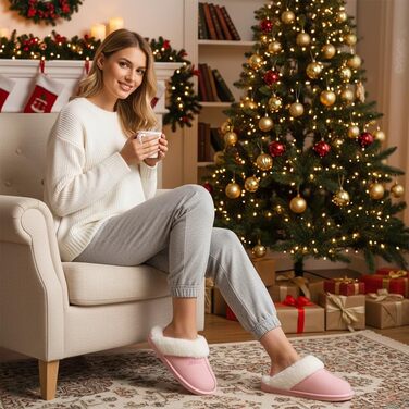 Тапочки домовик Donpapa для жінок та чоловіків, зимові, теплі, з плюшем та піною пам'яті, з імітацією овечої шкури, антиковзаючі, для дому та вулиці (40.5/42 EU, Horizont Rosa)