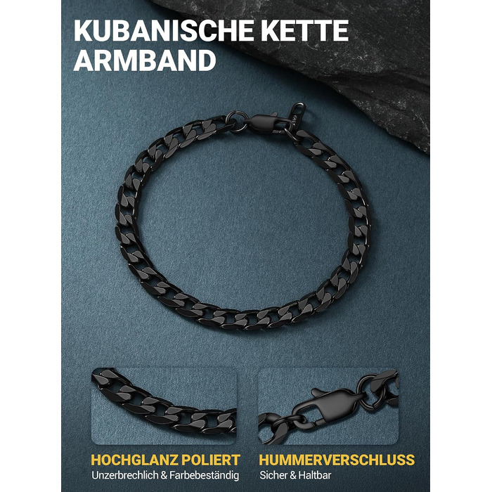 Чоловічий браслет-ланцюг PROSTEEL Panzerkette зі сталі, чорний, 23 см, ширина 6 мм