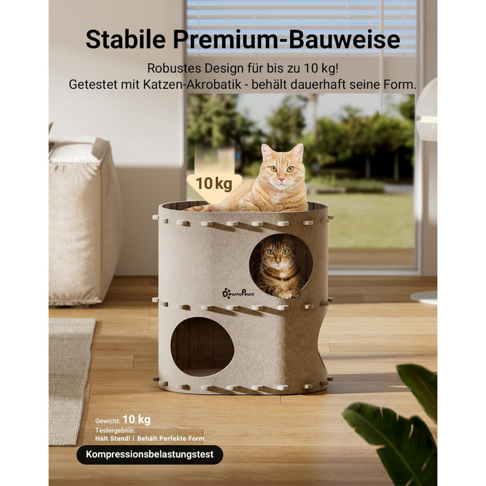 Кігтечка-будиночок для котів DownyPaws з фетру, 2-ярусна, 50 x 33 x 50 см, бежева