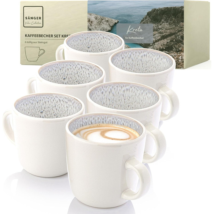 Набір кавових чашок SÄNGER Kreta (6 шт.), 350 мл, кераміка, блакитний, для кави та чаю, миття в посудомийній машині, мікрохвильова піч