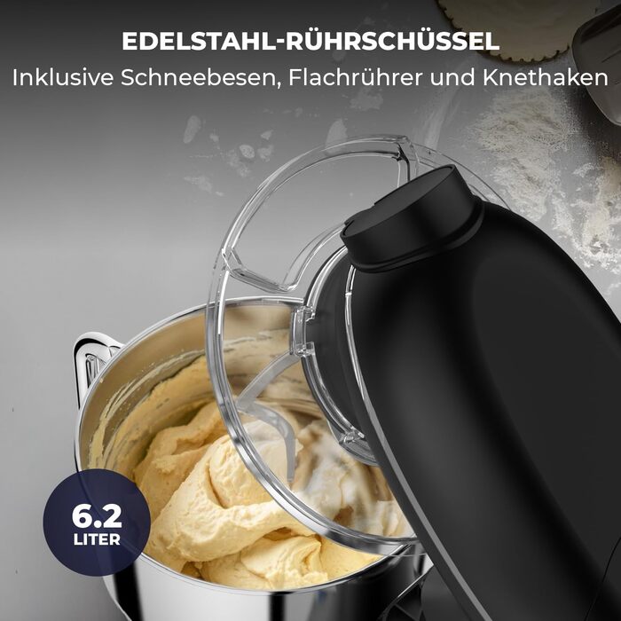 Кухонна машина з машиною для пасти – 2000W, електрична – з нержавіючою чашею 6.2L (чорна)