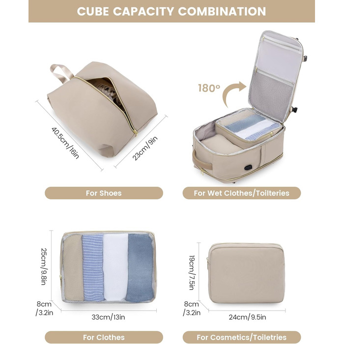 Рюкзак LOVEVOOK для жінок, 40л, ручна поклажа, для ноутбука 18 дюймів, водонепроникний, для подорожей, бізнесу, сумка-дуфіль, набір ручної поклажі, бежевий, хакі