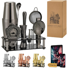 Набір шейкерів Boston - 16 предметів, нержавіюча сталь з акриловою основою, сито, щипці для льоду, барна ложка, мірний стакан, мадлер, виливний носик та шпажки для коктейлів (чорний)