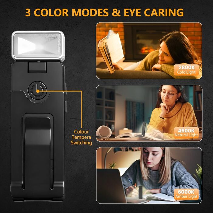 Клема-лампа для читання, акумуляторна, 3 режими температури кольору, USB, гнучка 360°, для книг, ідеальна для читачів та дітей (#6 Чорний)