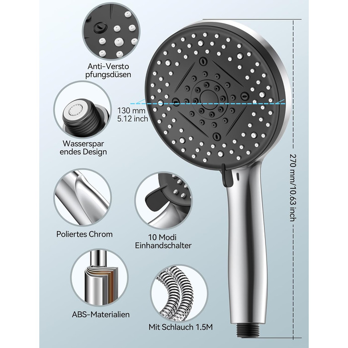Насадка для душу VOXON з 10 режимами, високий тиск, економія води, для чищення ванни та плитки, зі шлангом 1,5м