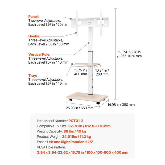 Підставка для телевізора VEVOR на роликах, регульована по висоті, поворотна (25°), з полицею, для телевізорів 81-178 см (до 40 кг), для спальні/вітальні