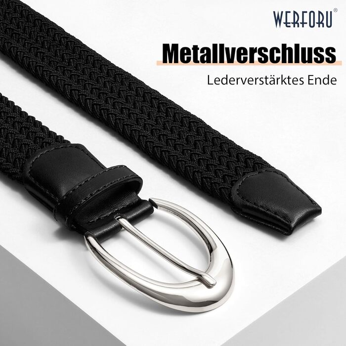 Жіночий/Чоловічий плетіний еластичний ремінь WERFORU для джинсів та штанів (110 см, чорний з срібляною пряжкою)
