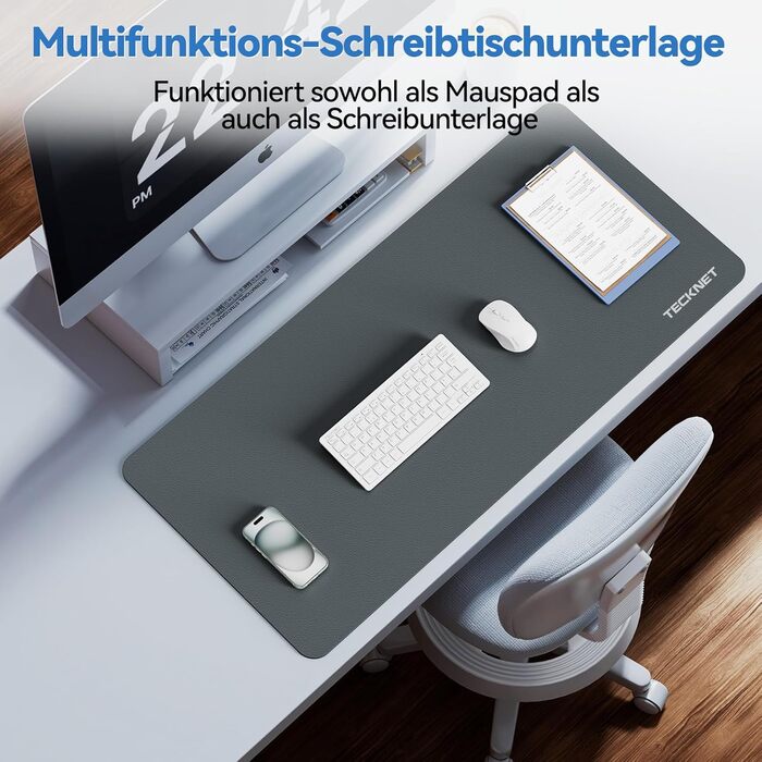 TECKNET Килимок на стіл, 80 x 40 см, захист від води, для ноутбука, PU шкіра, двосторонній, для офісу/дому (темно-сірий)
