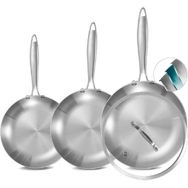 Набір сковорідок Inqibee з нержавіючої сталі (20, 24, 28 см) з кришкою - для всіх типів плит, включаючи індукцію, сумісний з духовкою, можна мити в посудомийній машині