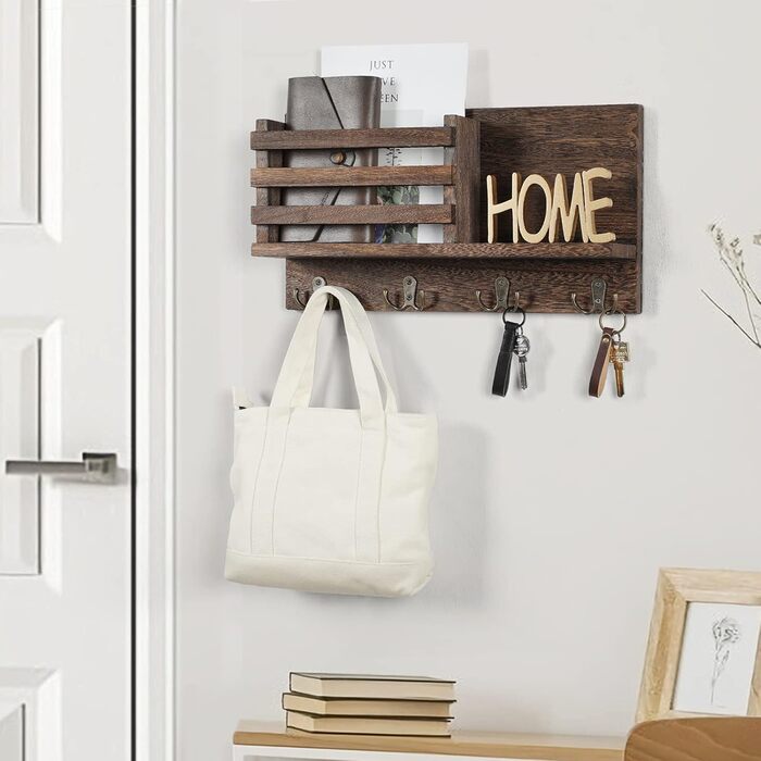 Keys and Mail Holder for Wall Rustic Natural Paulownia Wood 4 Double Hook Hanger Wall Organizer for Decoration, Bags, Accessories, Hardware and Manual Included (brown)