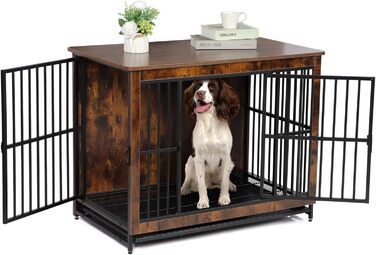 Дерев'яний вольєр для собак з двома дверцятами, міцний вольєр-будка для великих, середніх та малих собак, знімний піддон, 97.5 x 97.5x59x77.5 см