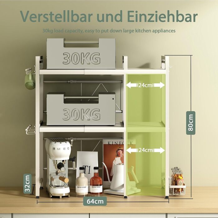 Підставка для мікрохвильової печі NETEL, 2-рівнева, чорна, висувна 40-60 см. З полицями для напоїв та кошиком