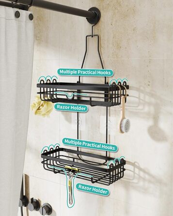 HapiRm Shower Shelf for Hanging with Razor Holder & Soap Holder, Hanging Shower Shelf with Multiple Hooks - High-Quality Hanging Shower Basket Stainless Steel No Drilling, Black