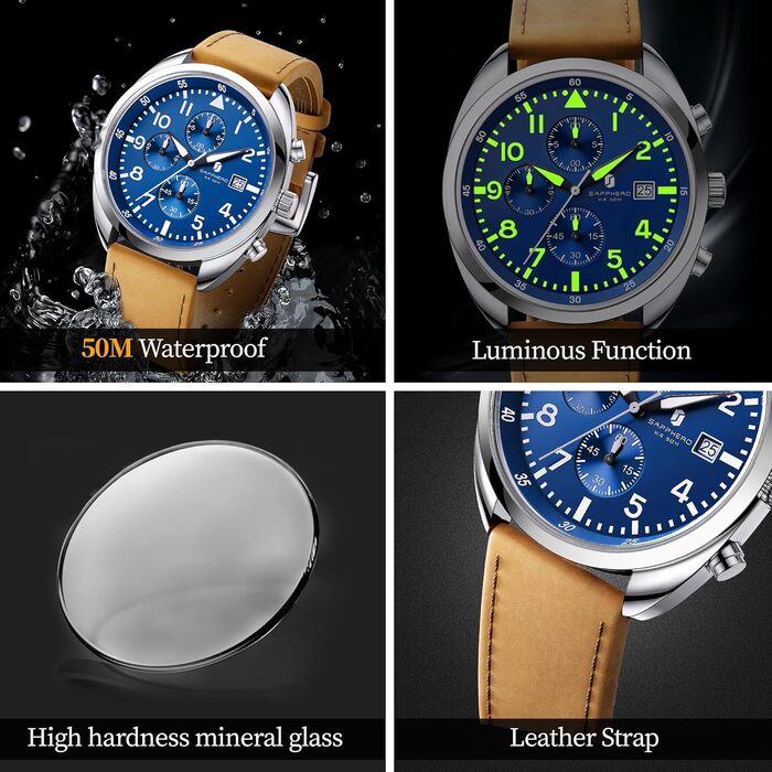 Годинник чоловічий SAPPHERO кварцові з шкіряним ремінцем. Класичний бізнес-годинник з хронографом, водостійкий (50 м), синій циферблат, арабські цифри.