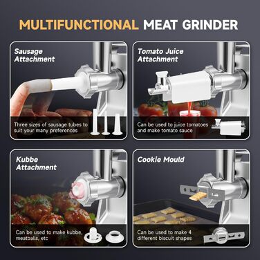 М'ясорубка електрична Hanchen 4-в-1 з насадками для ковбас та кубебе, 3 диски (3.5/5/7 мм) та овочерізка