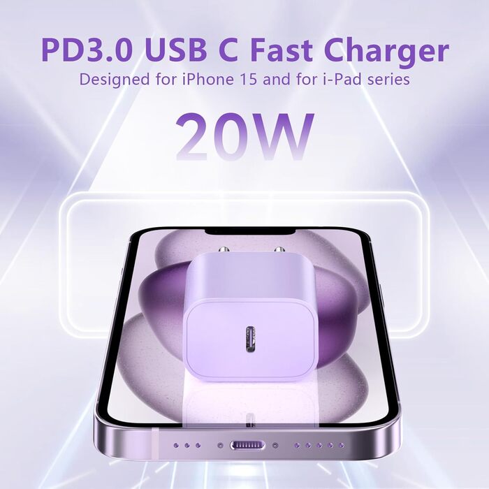 Зарядний пристрій USB-C 20W з кабелем Type-C 2м для iPhone 16/15/Pro/Air - комплект 2 шт. (Ліловий + Синій)