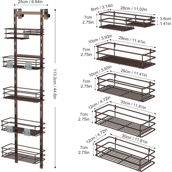 Регульована поличка для душу Orimade, 5 ярусів, сіра, з гачками та мильницею, нержавіюча сталь