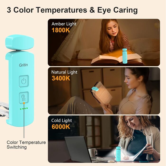 LED кріплення-лампа для читання Gritin з USB-зарядкою, 3 кольори та 3 рівні яскравості, захист очей, блакитний