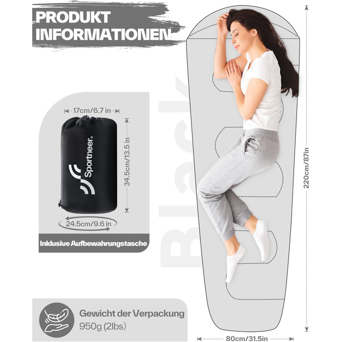 Сплячий мішок Sportneer - компактний та ультралегкий (950г/1500г) - спальний мішок типу 'кокон' для кемпінгу та відпочинку на природі. Підходить для чоловіків, жінок та дорослих (Чорний, літній). 3-4 сезони