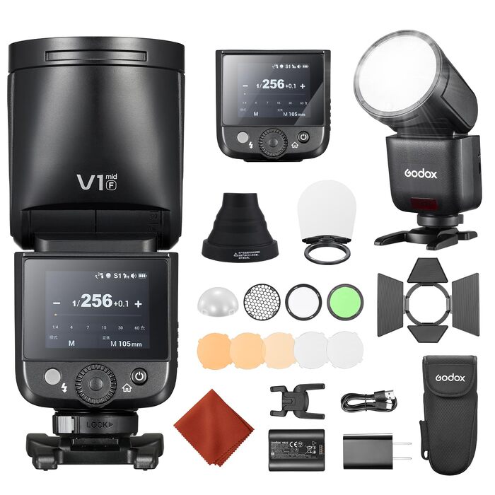 Спалах Godox V1 Mid-F для Fujifilm: кругла голова, TTL, HSS 1/8000s, 55Ws, з диффузором AK-R1, USB-C акумулятор, для камер XT-5, X-E1, XT-3