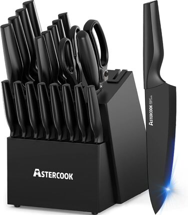 Astercook 21-Piece Kitchen Knife Set with Block - German Stainless Steel, Built-in Sharpener, Dishwasher Safe