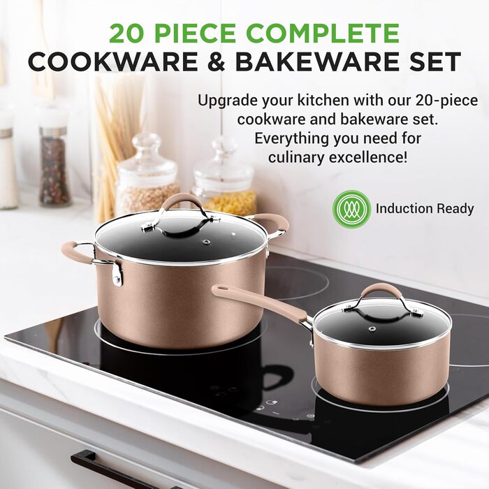 NutriChef 20-Piece Nonstick Cookware Set - PTFE/PFOA/PFOS-Free Heat Resistant Lacquer Kitchenware with Saucepan, Frying Pans, Cookware Pots, Oven Pot, Lids, Kitchen Utensils, Matte Gold