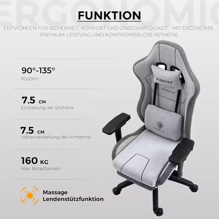 Ігрове крісло Dowinx з тканини XXL, ергономічне, з масажем, 4D підлокітники, підніжка, сіре, для ПК та офісу