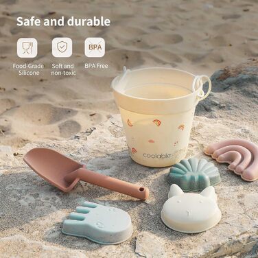 Coolable 6 PCS Beach Toys for Kids, Silicone Beach Toy Set, Includes Bucket, Shovel, and 4 Sand Molds for Boys and Girls (Rainbow)