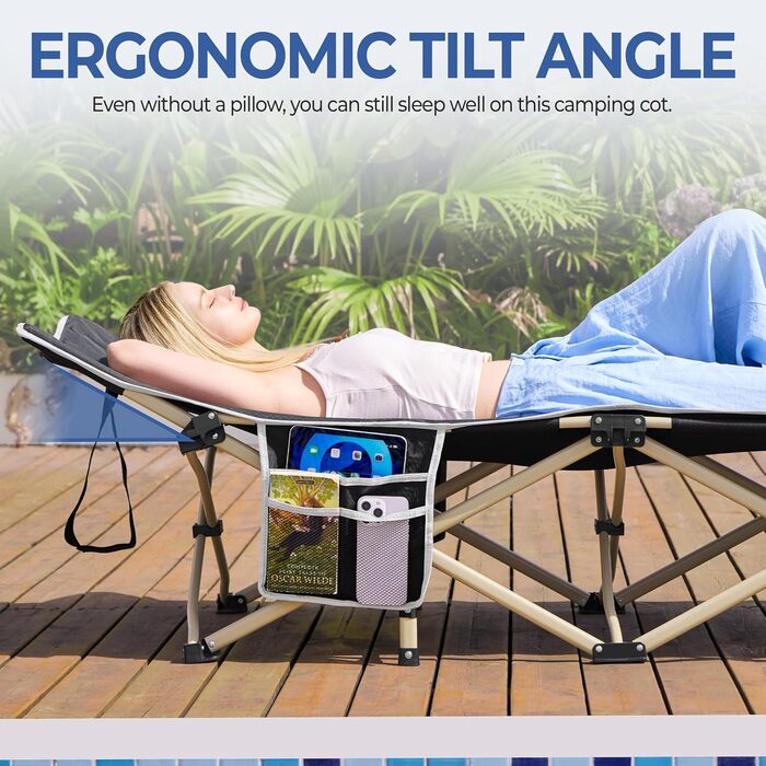 Ліжко-розкладачка Yaheetech для кемпінгу, сіре, до 150 кг, з бічною кишенею та сумкою для транспортування